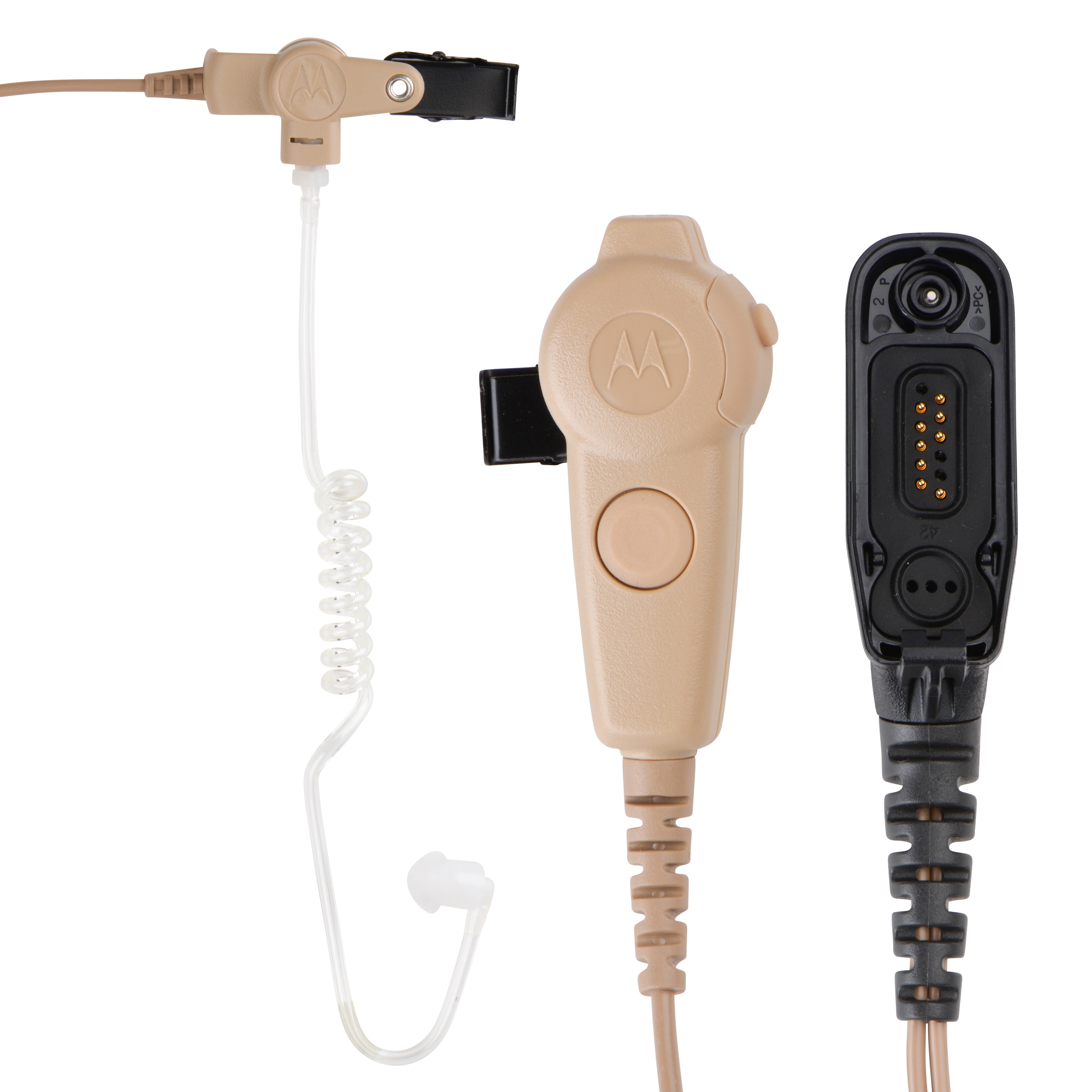 Beige Funkgerät-Zubehör mit Ohrhörer und Mikrofon.