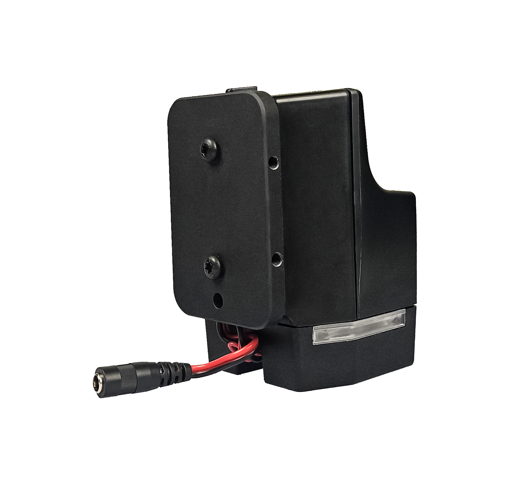 Black electronic component with cable and connector plug.