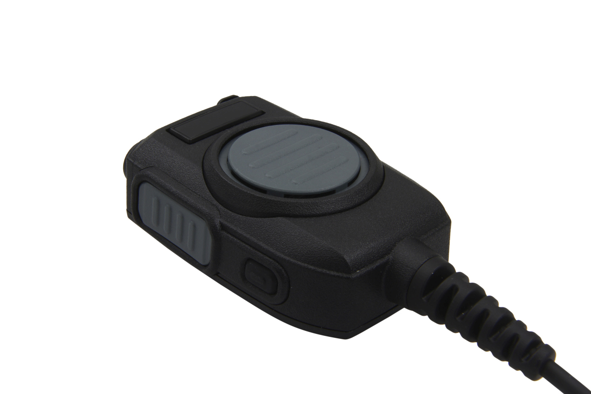 Schwarzes Mikrofon mit Kabel und Drucktaste.