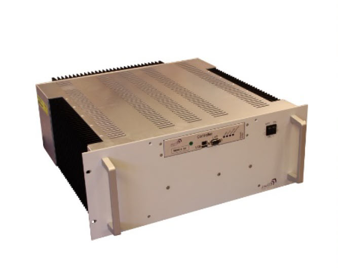 Gray technical device with ventilation slots and front connectors.