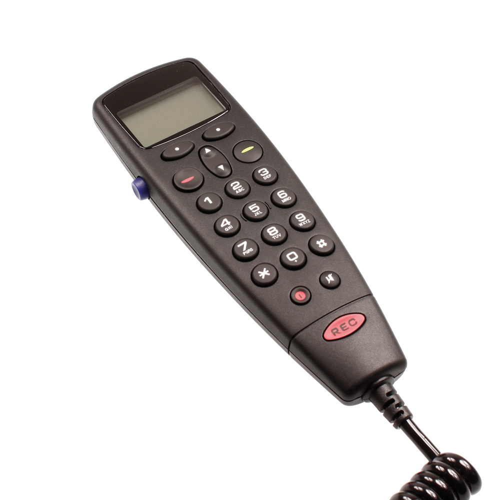 Schwarz telefonförmige Fernbedienung mit Tasten und Display.