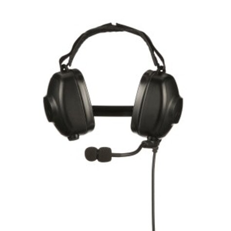 Schwarze Kopfhörer mit Mikrofon und Kabel.
