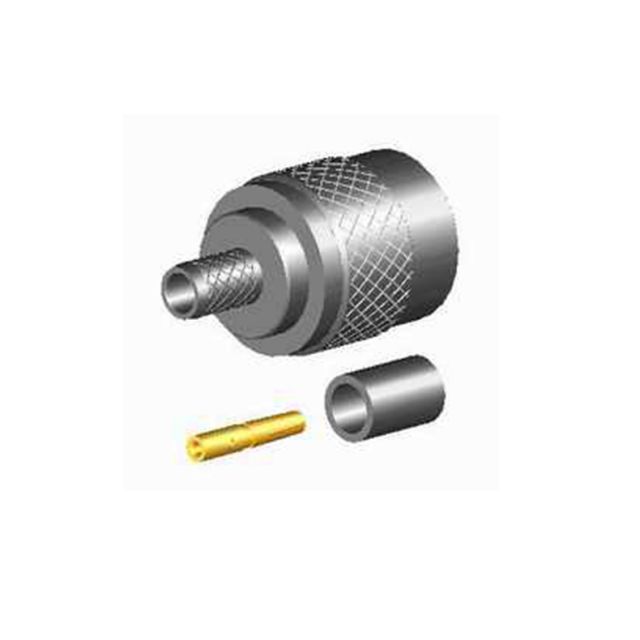 Silberne Koaxialkabel-Steckverbindung mit gelbem Anschlussstift