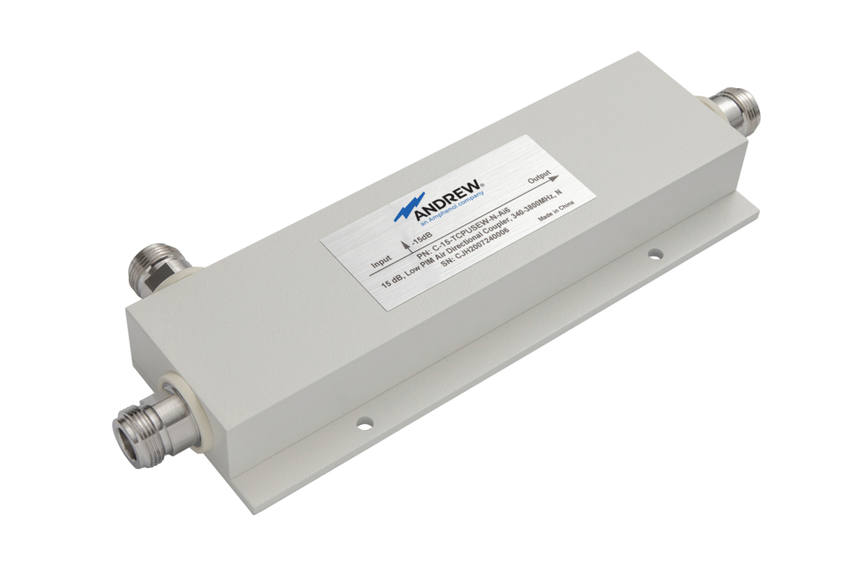 Metal casing with two coaxial connectors, labeled 'Andrew' and technical specifications.