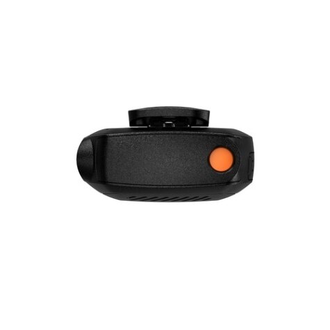 Compact camera with black casing and orange button.