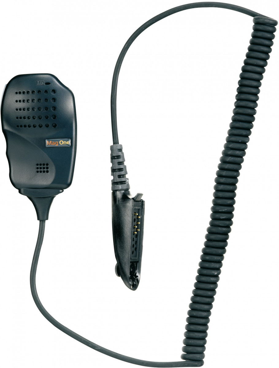 Black handheld microphone with coiled cable and clip.