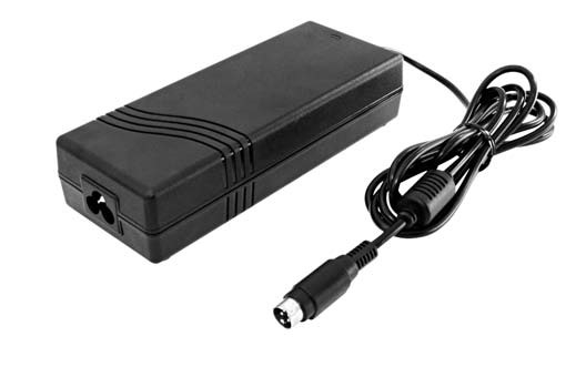 Black power adapter for electronic devices with cable and plug.