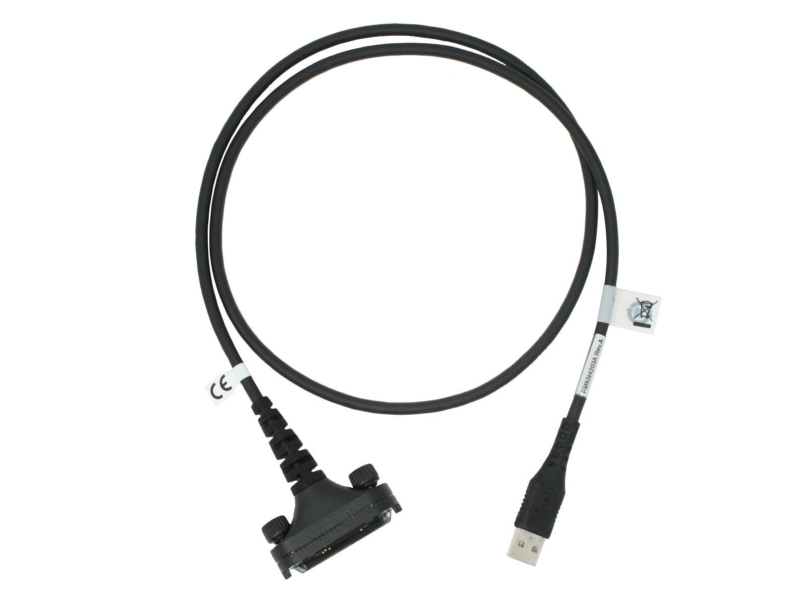 Black USB data cable with rectangular connector and label.
