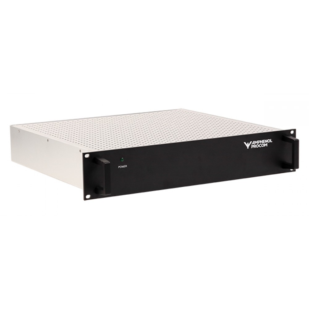 Elektronisches Rack-Gehäuse mit Amphenol ProCom Logo, Frontplatte mit Griffen.