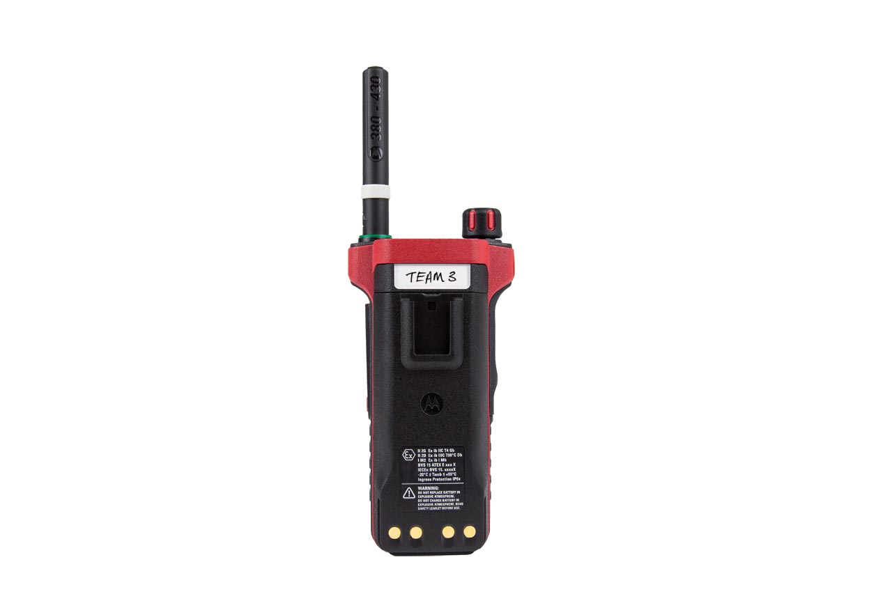 Black walkie-talkie with red edge labeled Team 3.