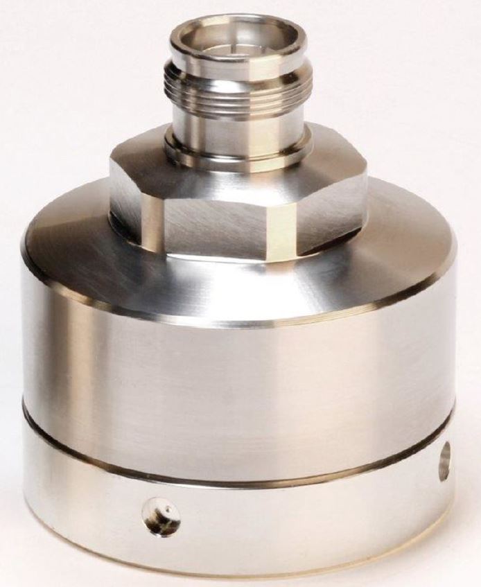 Metal cylinder with hexagonal closure and threaded opening on top.