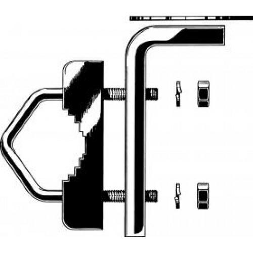 Technical drawing of a pipe mounting clamp with screws and nuts.