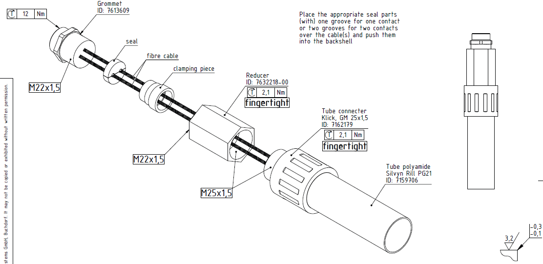 7000-00753008_com_01.png Explosionszeichnung eines Kabelverbinders mit spezifischen Teilen und Drehmomentangaben.