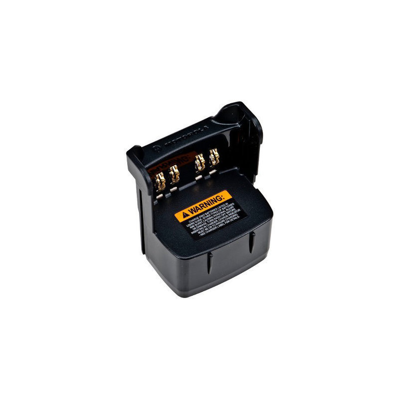 7000-00352700_mot_01.jpg Black battery charger with warning label and four gold contacts.