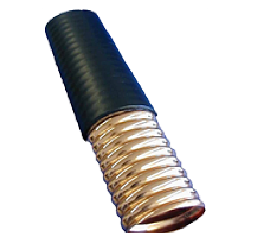 7000-00625100_rfs_01.png Flexible hose with corrugated metallic and smooth black sections.