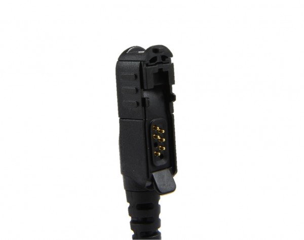 Black electrical connector plug with six gold contacts.