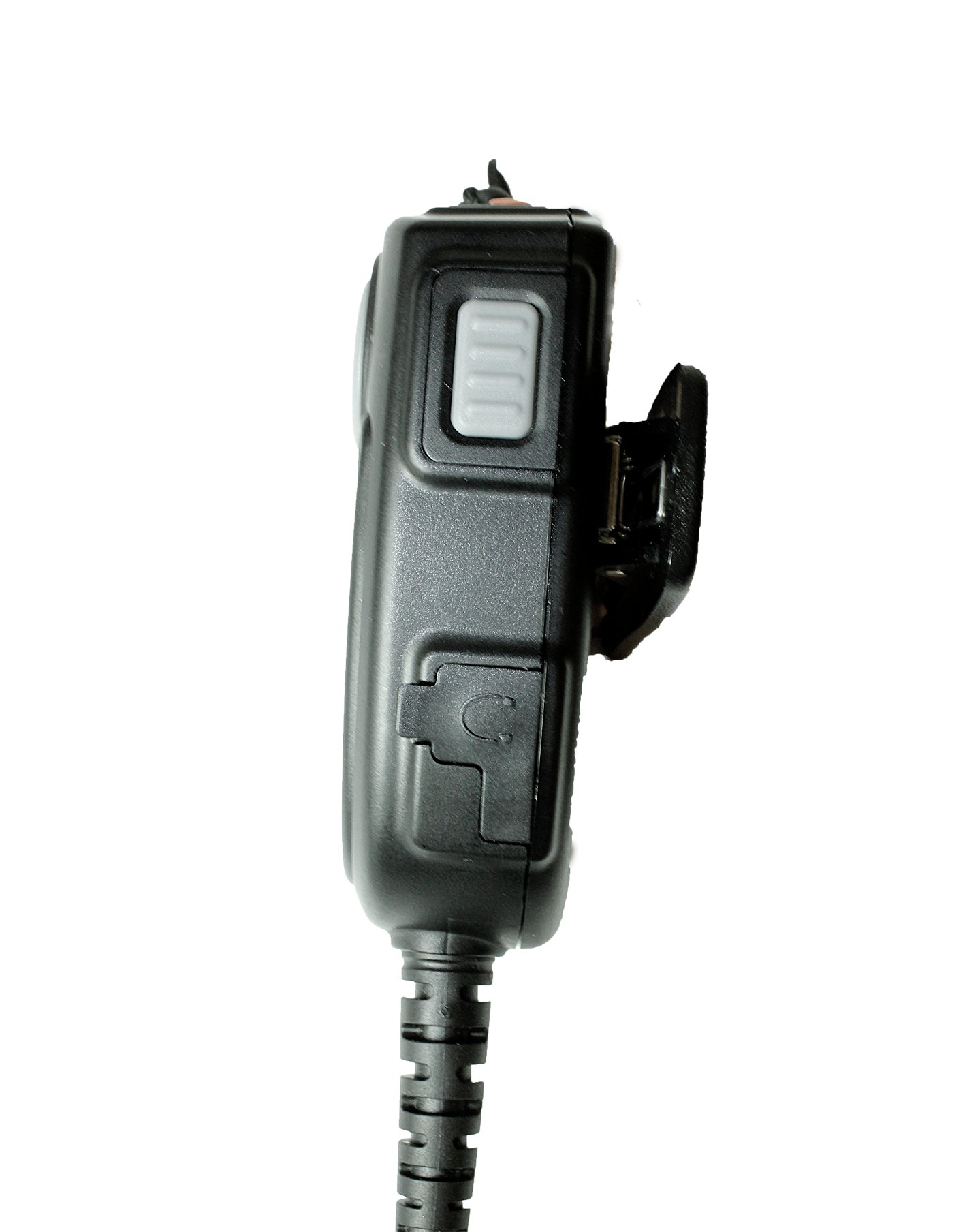 Side view of a black radio device with a button and cable.