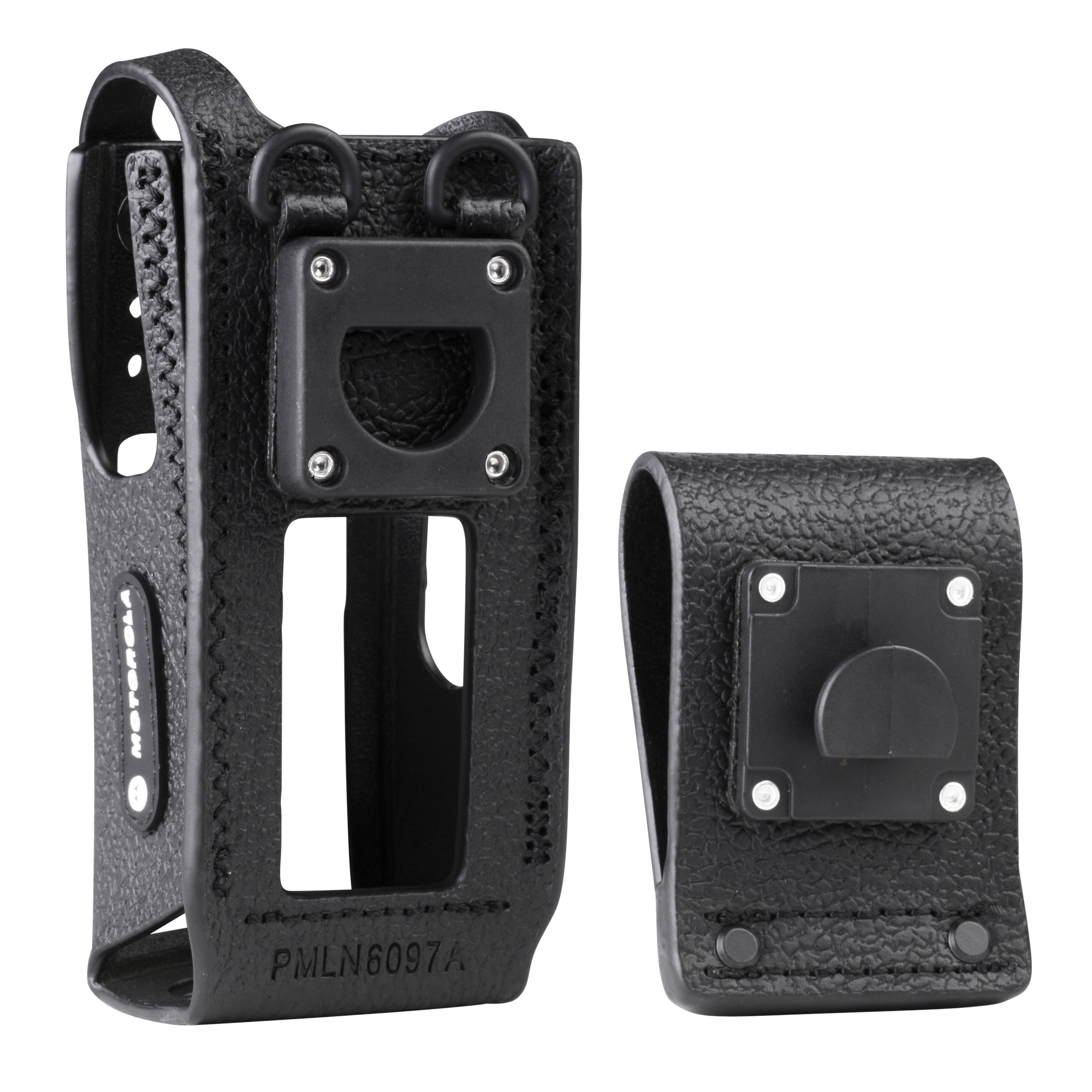 7000-00335400_mot_01.jpg Zwei schwarze Kunststoffhalter, einer mit Clip, einer offen, stehen aufrecht.