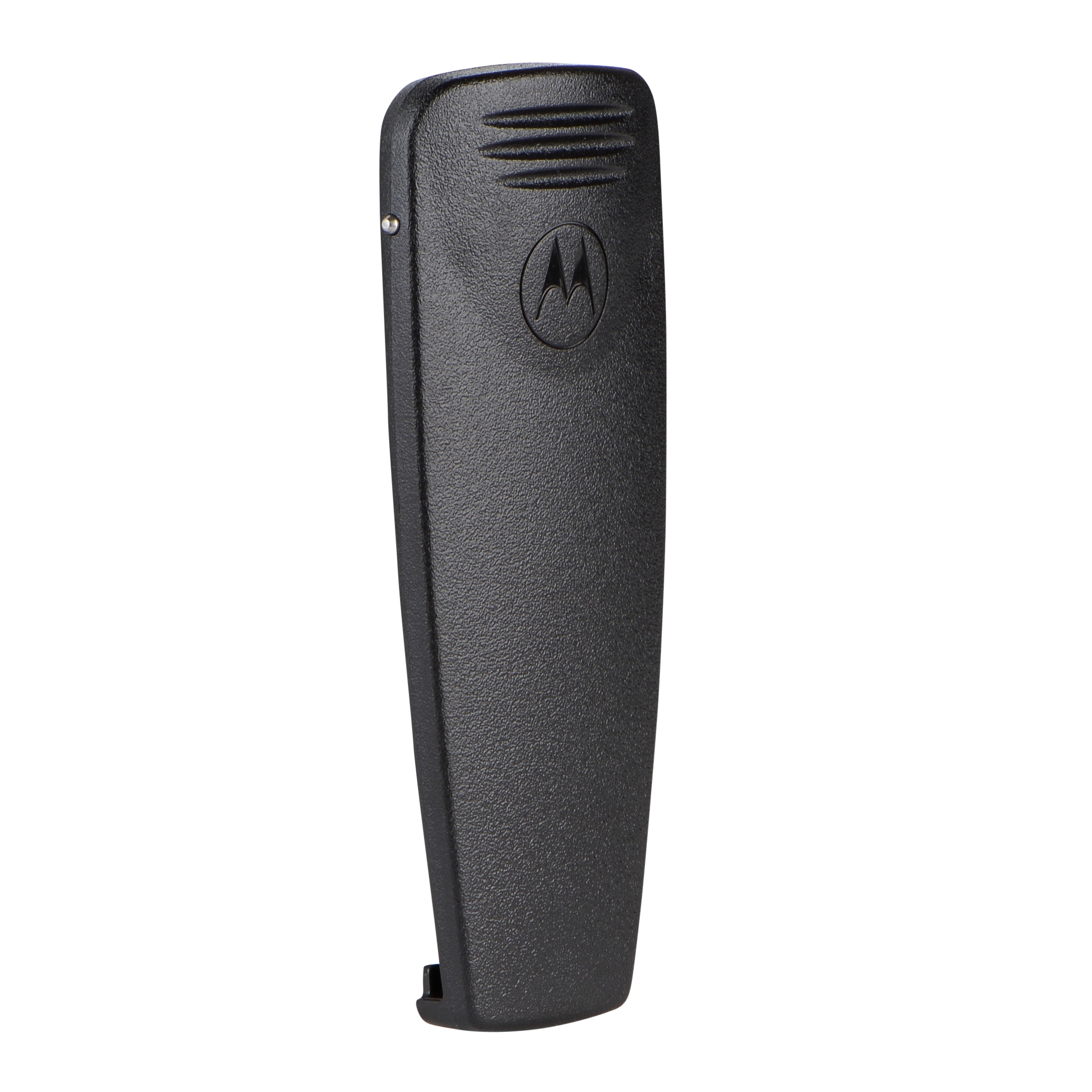 Black radio clip with engraved logo.