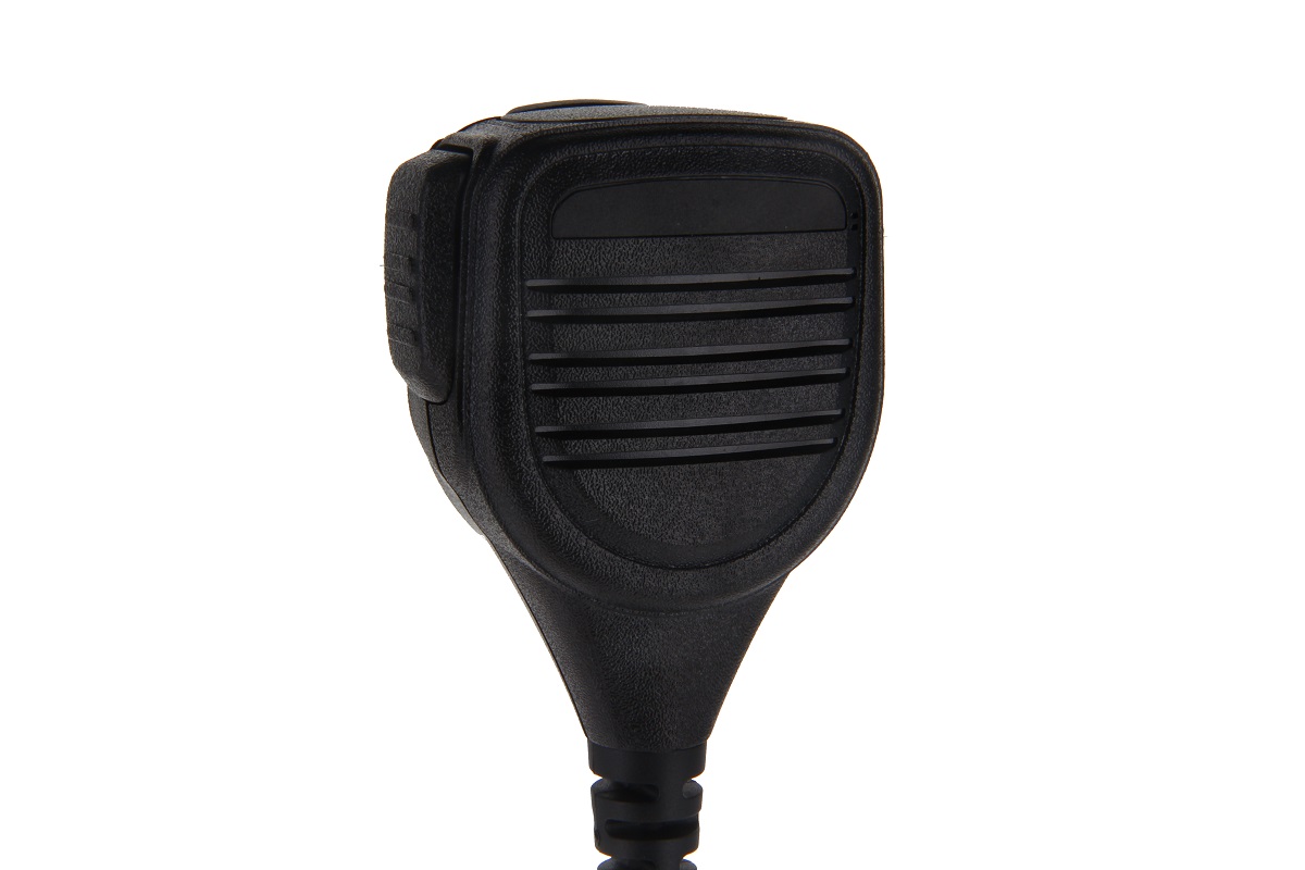 Black handheld microphone with rubber buttons and coiled cable connection.