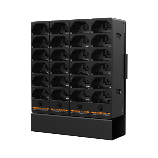 Schwarzes, vertikales Regal mit 24 Gerätefächern in sechs Reihen.