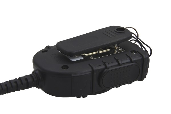 Schwarzes elektronisches Gerät mit Clip und Anschlusskabel