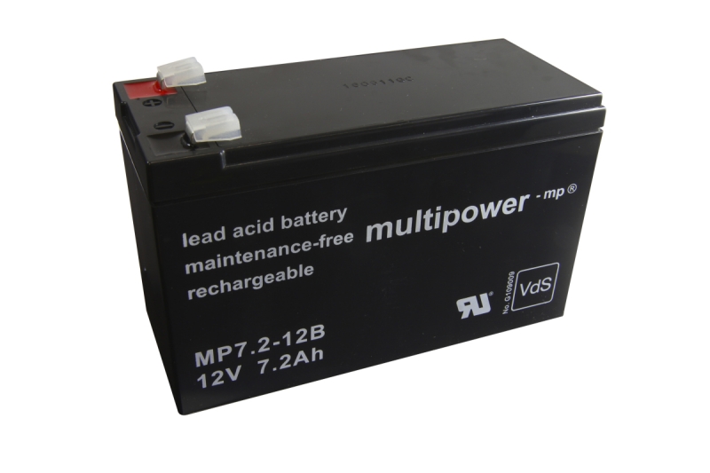 Maintenance-free 12V 7.2Ah lead acid battery with VdS certification.