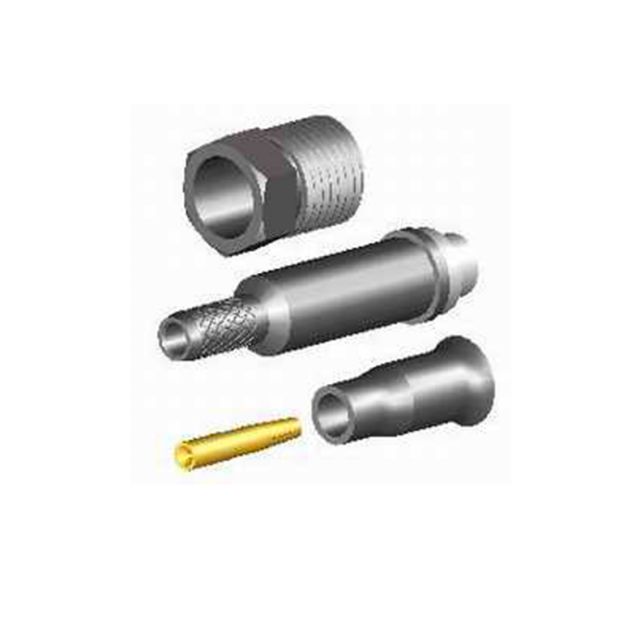 Mehrere mechanische Bauteile in silbern und goldfarben, darunter Buchse, Kabel und Steckverbinder.