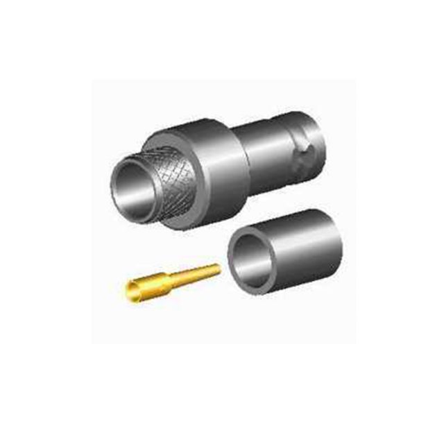Drei Teile eines Koaxialsteckers: Hülse, Gehäuse und Stift.