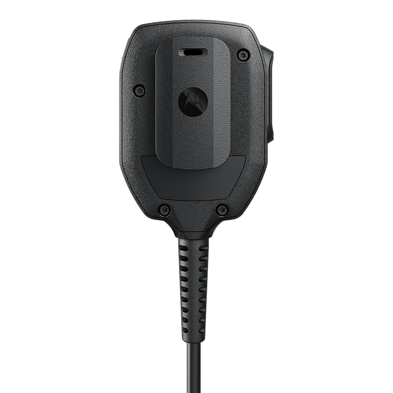 Schwarzes Handmikrofon mit Kabel von Motorola.