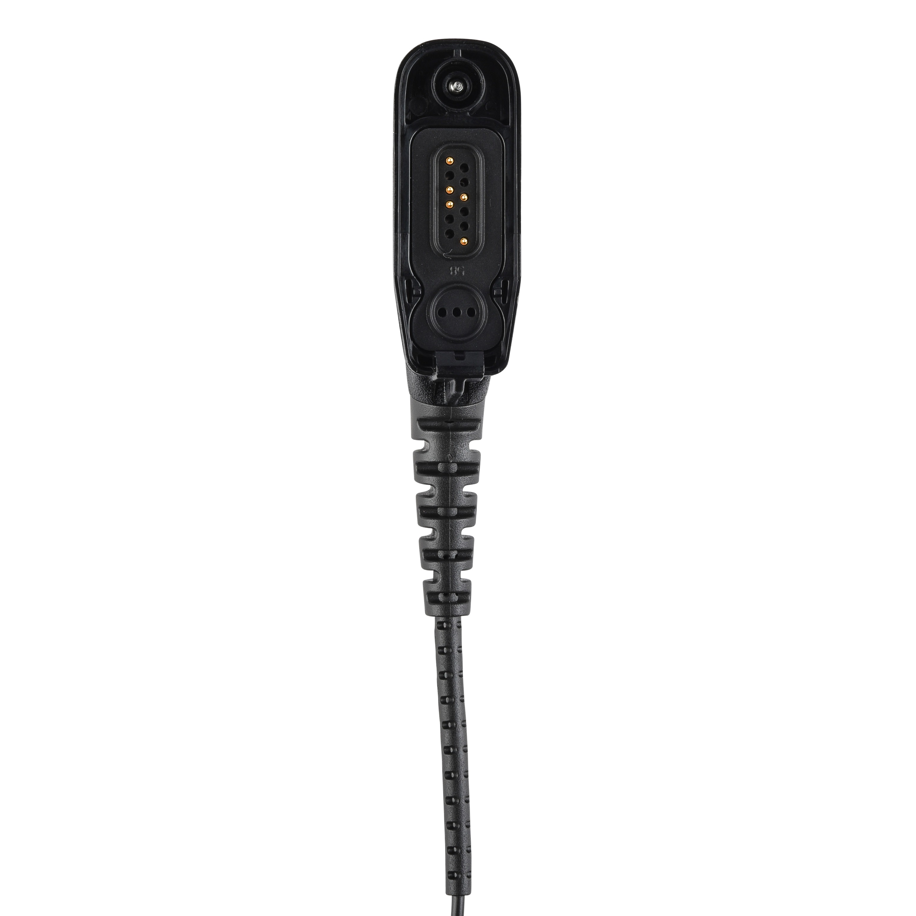 Black electronic cable with plug and multiple pins.