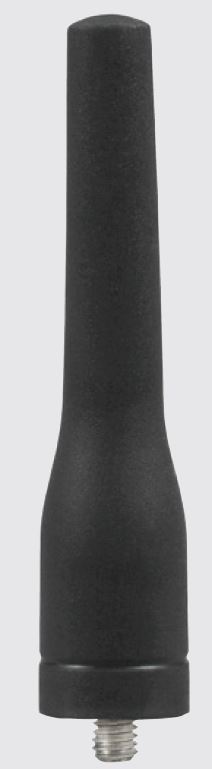 Schwarze Gummiantenne mit Gewinde am unteren Ende.