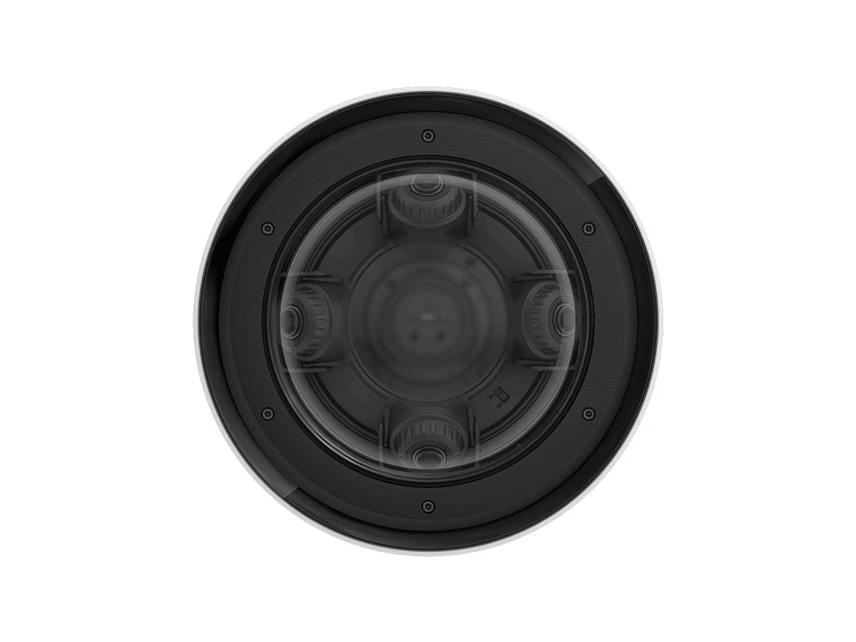 Vordere Ansicht eines runden Lautsprechers mit schwarzer Abdeckung.