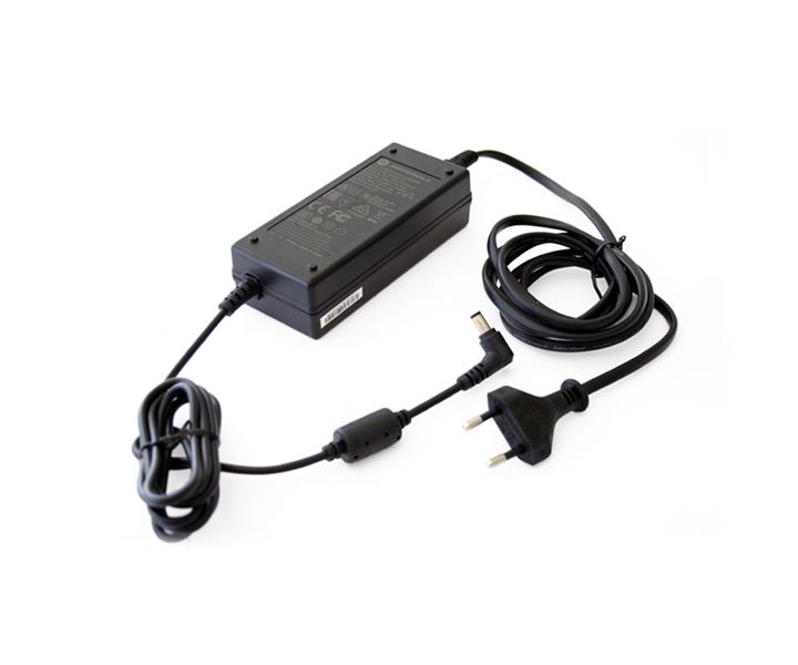 Black power adapter with cord and plug, uncoiled.