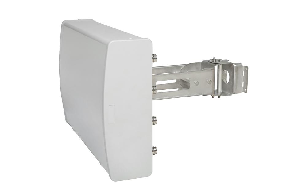 White antenna with metal bracket for wall mounting.