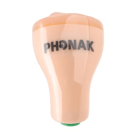 Beige Schutzkappe mit Phonak-Logo in schwarzer Schrift.