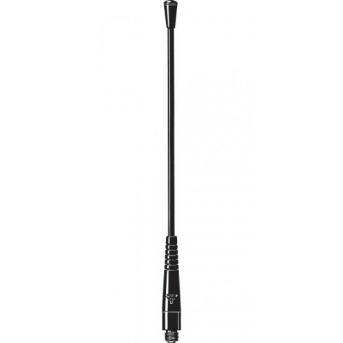 Black radio antenna with threaded base and slim rod.