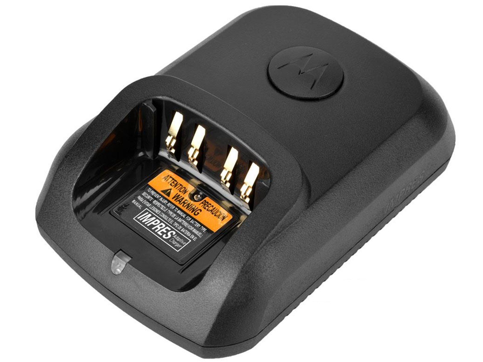 Black battery charger with contact pins and warning symbol.