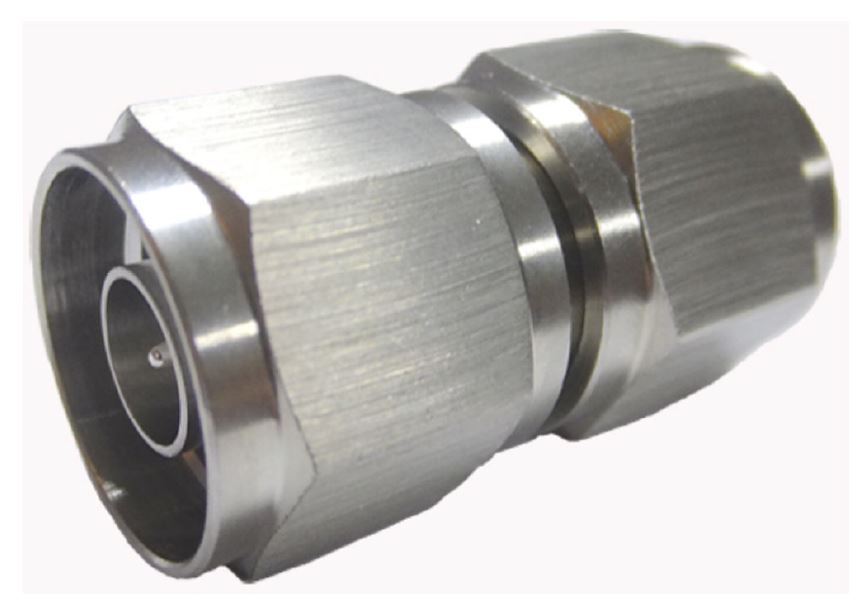 Metal connector for coaxial cables, cylindrical, silver.