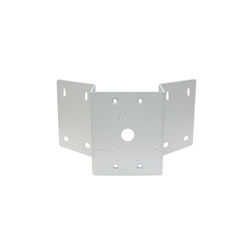 Weiße, dreiteilige Metallhalterung mit mehreren Löchern.