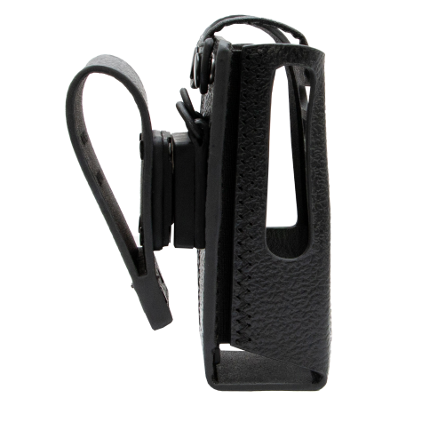 Black leather holder with clip and side opening.