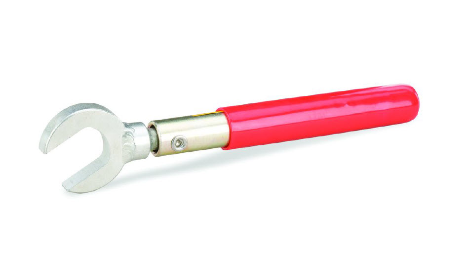 Roter Rohrschlüssel mit verstellbarem C-förmigem Kopf.