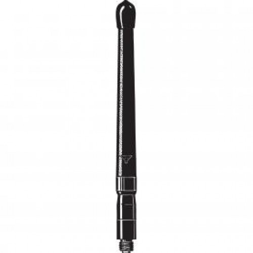Schwarze Antenne mit zylindrischer Form und Anschlussgewinde unten.